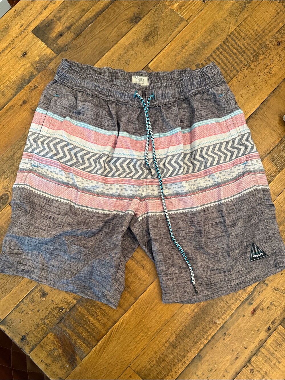 Trinity Blue Swim Trunks with Pink and Teal Stripes